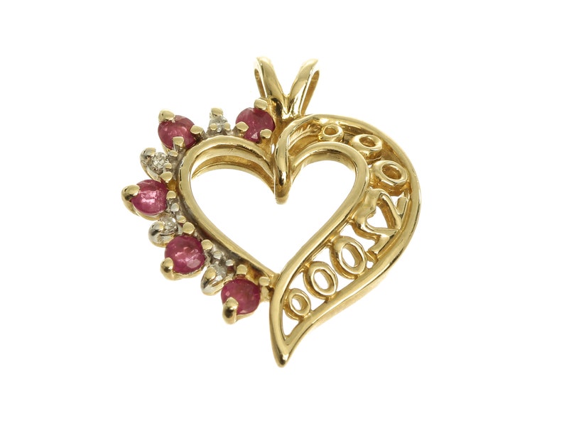 P1222 Vintage Heart-Shaped Pendant with Pattern Design /& Genuine Gemstones 14k Solid Yellow Gold