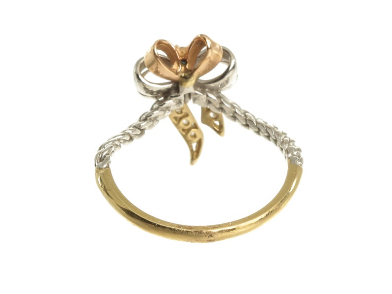 14k Solid Three-Tone Gold R1512 Vintage Feminine Tri Colors Bow With Rope Design Band And Multiple White Round Cut Gemtsones Ring Sz 7