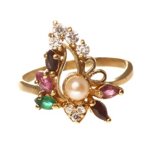 Vintage Cultured Pearl Cubic Zirconia Gemstone Ring - Floral Accent Pearl Ring - 14k Solid Yellow Gold - Sz 7.25 - IQ27