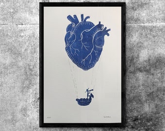 Linogravure "Follow your heart" - marin et coeur