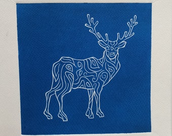 Linogravure Le Cerf - 20x20cm - bleu turquoise