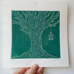 Linogravure "L'arbre" - 20x20cm - vert