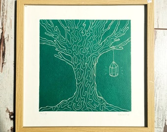 Linogravure "L'arbre" - 20x20cm - vert