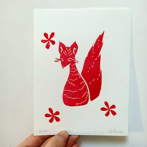 Renard - Linogravure 13*18cm - Rouge rubis et bleu