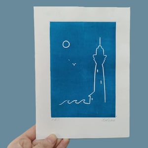 Linogravure Phare en mer - ocre/ turquoise - A5 - 20 tirages