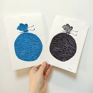Linocut the world butterfly - limited edition - black or turquoise