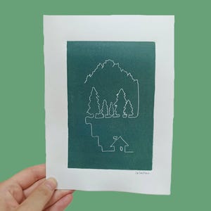 Linogravure  Cabane en montagne - A5