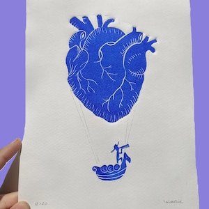 Linogravure "Follow your heart" - marin et cœur