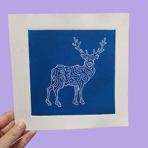 Linogravure Le Cerf - 20x20cm - bleu turquoise