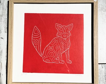 Linogravure "Le renard" - 20x20cm - rouge