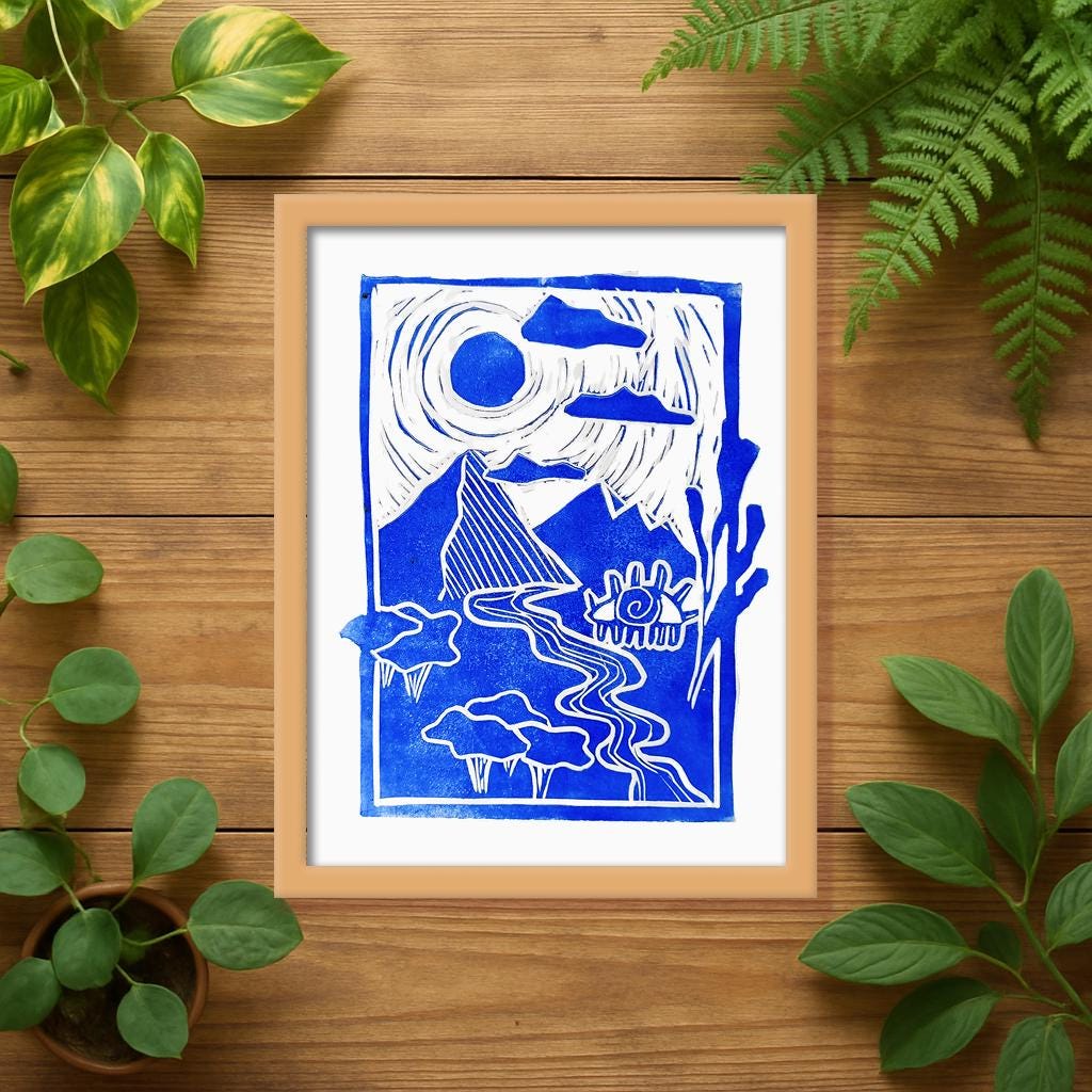 Linocut Imaginary Mountain - Dinosaur blue green purple - A5