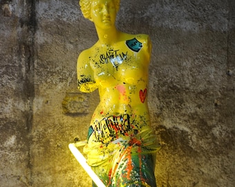 Aphrodite Statue, Hand-Painted Alabaster, Graffiti Pop Art, 86cm
