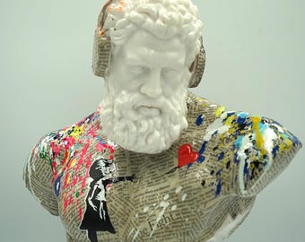 Escultura griega de Hércules - Banksy Art - Chica con globo - Busto de alabastro hecho a mano - NUEVO - 32 cm