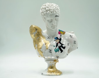 Mercury Greek God Graffiti Statue, Hand-Painted Alabaster Sculpture, Gold Leaf Luxury Art 31cm