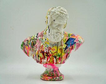 Hercules Greek Statue, Hand-Painted Alabaster, Graffiti Pop Art, 32cm