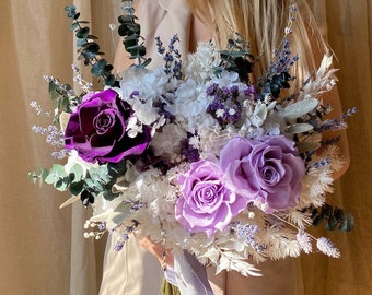 Wedding Bridal Set Dry Flower Bouquet Green Boutonniere Flower Crown Hair Accessory Purple Lavender Pampas Rose Bridal Bouquet Ivory Wedding