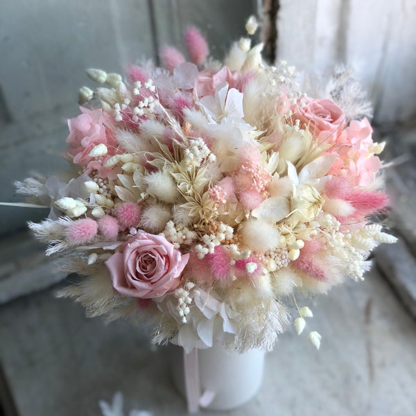 Wedding Bouquet White And Pink Dried Rose Flower Arrangement Groom Boutonniere Handmade Bridal Party Gift Boho Hanging Bridesmaid Bouquet