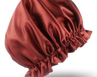 Makeda Burgundy - Gorro de sueño de satén reversible de lujo para adultos