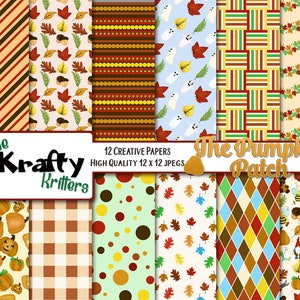 THE PUMPKIN PATCH Digital Papers, 12 papeles jpeg de alta calidad Descarga instantánea plaid, hoja, bellota, acción de gracias, halloween, otoño, abejas, oso