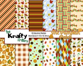 THE PUMPKIN PATCH Digital Papers, 12 High Quality jpeg papers Instant Download plaid, leaf, acorn, thanksgiving, halloween, fall, bees, bear