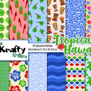 TROPICAL HAWAII Digital Papers, 12 High Quality jpeg papers Instant Download, hawaiian, ocean, beach, tiki, sea turtle, hibiscus, bubbles