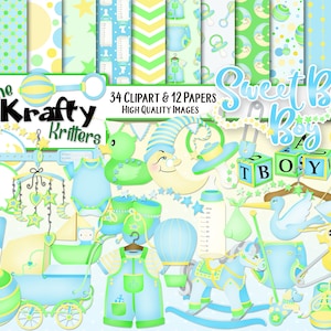 SWEET BABY BOY Digital Clipart & Papers Kit, 34 png Cliparts, 12 jpeg Papers Instant Download, infant boy, baby shower, stroller, pacifier