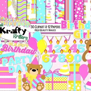 BIRTHDAY GIRL Clipart & Papers Kit, 30 png Cliparts, 12 jpeg Papers Instant Downloado balloons bears cake presents banners word art candles