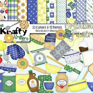 Kit de clipart e papéis da GRANDMA'S PANTRY, 33 png Cliparts, 12 jpeg Papers Download instantâneo, farinha, torrada, batedeira, torta, rolo, ovos, panela