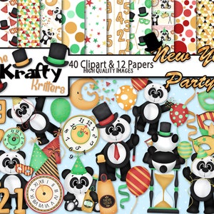 ¡FIESTA DE AÑO NUEVO! Digital Clipart & Papers Kit, 40 png Cliparts, 12 jpeg Papers Descarga instantánea, Pandas, Sombrero, Máscaras, Relojes, Números, Globo