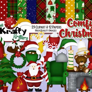 COMFY CHRISTMAS Clipart & Papers Kit, 29 png Cliparts, 12 jpeg Papers Instant Downloado tree santa hats present window fireplace hot cocoa
