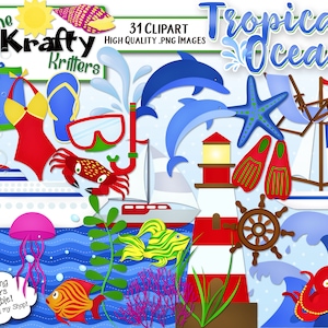 TROPICAL OCEANS Digital Clipart, 31 High Qualiy png Cliparts, Instant Download, lighthouse, starfish, water, waves, jellyfish, dolphin, fish