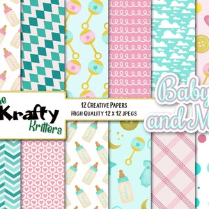 BABY AND ME Digital Papers, 12 High Quality jpeg papers Instant Download baby shower, bottle, sucette, infant boy girl, onesie, binky, star