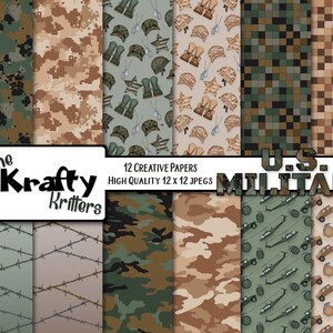 May include: Twelve digital papers featuring camouflage patterns in shades of green, brown, and tan. The papers also feature military-themed graphics, including helicopters, grenades, and barbed wire. The text "The Krafty Critters" and "U.S. MILITARY" is included in the image.