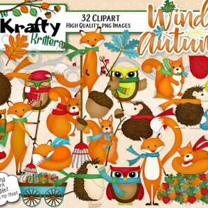 May include: A set of 32 digital clipart images featuring cute woodland creatures in autumnal colours. The images include foxes, owls, squirrels, hedgehogs, and mushrooms. The text "The Krafty Kritters" and "Windy Autumn" is included in the image.