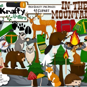 DANS LES MONTAGNES Digital Clipart, 41 High Qualiy png Cliparts, Téléchargement instantané, chasse, camping, animal des bois, impressions d’animaux, nature