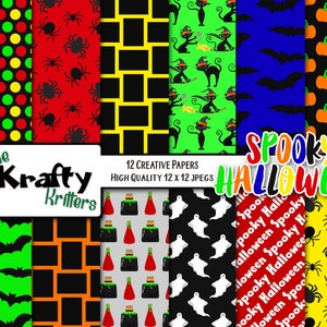 SPOOKY HALLOWEEN Digitale Papieren, 12 Hoge Kwaliteit jpeg papieren Instant Download spinnen, pompoenen, webben, spookhuis, grafsteen, zwarte kat