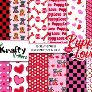 PUPPY liefde digitale papers, 12 hoge kwaliteit JPEG papers Instant Download, puppies, Valentijnsdag, harten, Dog Bone, liefde, tennisbal