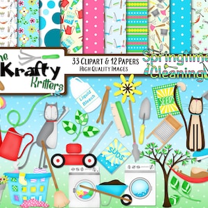 May include: A set of 33 clipart images and 12 digital papers featuring a springtime cleaning theme. The clipart includes a cat, a lawnmower, a watering can, a broom, a washing machine, a bucket, a flower, a rake, a shovel, a bottle of bleach, a bottle of spray, a bar of soap, a seed packet, a washboard, a hammock, and a tree. The digital papers feature various patterns, including polka dots, stripes, and floral designs.