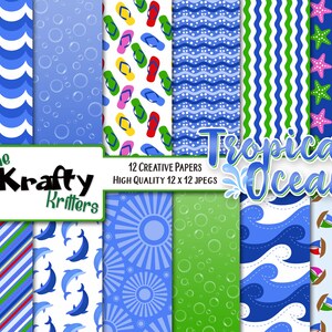 TROPICAL OCEANS Digital Papers, 12 papeles jpeg de alta calidad Descarga instantánea, mar, playa, agua, olas, delfines, estrellas de mar, velero, burbuja