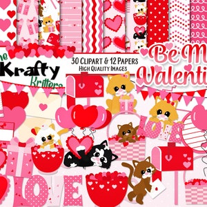 BE MY VALENTINE Clipart & Papers Kit, 30 png Cliparts, 12 jpeg Papers Instant Download cats kittens balloons love baskets hearts kitties