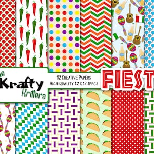 FIESTA Digital Papers, 12 High Quality jpeg papers Instant Download mexico, chilis, guitars, jalapeno, sombrero, pinata, guitar, cerveza