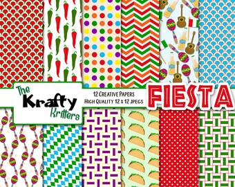 FIESTA Digital Papers, 12 High Quality jpeg papers Instant Download mexico, chilis, guitars, jalapeno, sombrero, pinata, guitar, cerveza