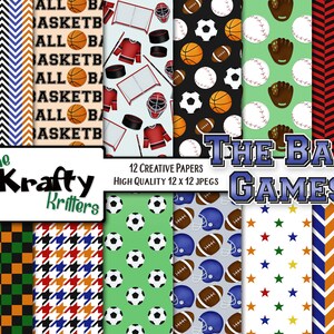 THE BALL GAMES (Boy) Digitale Papiere, 12 hochwertige jpeg Papiere Instant Download, Fußball, Baseball, Basketball, Hockey Netz, Mitthandschuh