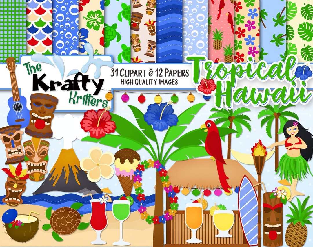 TROPICAL HAWAII Clipart & Papers Kit, 31 Png Cliparts, 12 Jpeg Papers ...