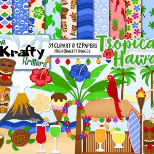 TROPICAL HAWAII Clipart & Papers Kit, 31 png Cliparts, 12 jpeg Papers Instant Download, tiki torch, lei, hibiscus, coctail, palm, pineapple