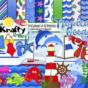 TROPICAL OCEANS Clipart & Papers Kit, 31 png Cliparts, 12 jpeg Papers Instant Download, waves, crab, octopus, dolphin, sailboat, jellyfish