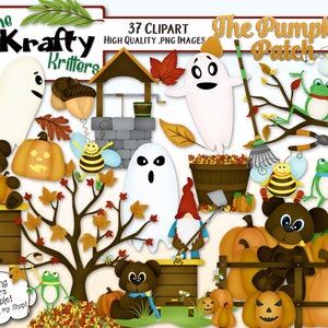 Op de afbeelding: Een set van 37 digitale clipart-afbeeldingen met een herfstthema met pompoenen, geesten, dwergen, bijen en andere boswezens. De afbeeldingen zijn in een cartoon-stijl en perfect voor knutselprojecten, scrapbooking en meer. De tekst "The Krafty Kritters The Pumpkin Patch" is in de afbeelding opgenomen.