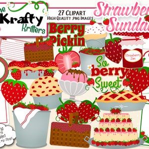 STRAWBERRY SUNDAE Digital Clipart, 27 High Qualiy png Cliparts, Instant Download, aardbeien, siroop, ijs, picknickmand, taart, cake