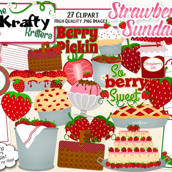 STRAWBERRY SUNDAE Digital Clipart, 27 High Qualiy png Cliparts, Instant Download, strawberries, syrup, ice cream, picnic basket, pie, cake