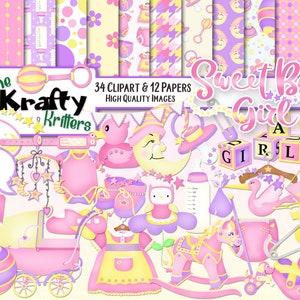 SWEET BABY GIRL Digital Clipart & Papers Kit, 34 png Cliparts, 12 jpeg Papers Instant Download, neonata, baby shower, passeggino, ciuccio